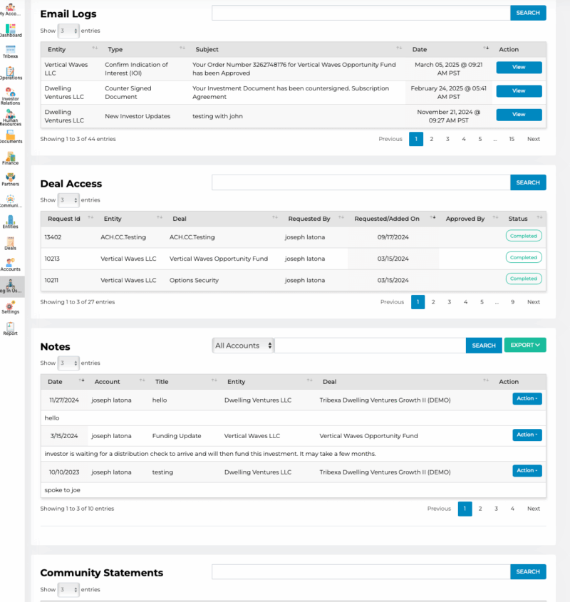 Communication logs for an investor